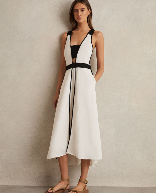 Elara Linen-Blend Midi Dress with Contrast Detailing – Ivory & Black
