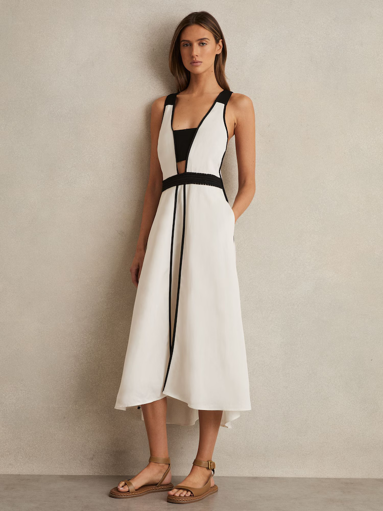 Elara Linen-Blend Midi Dress with Contrast Detailing – Ivory & Black