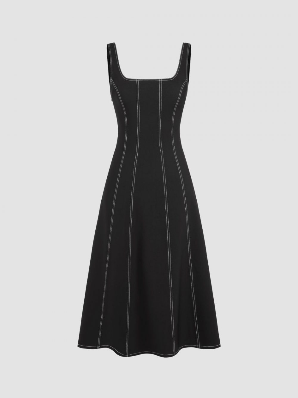 Square Neck Midi Dress with Contrast Stitching