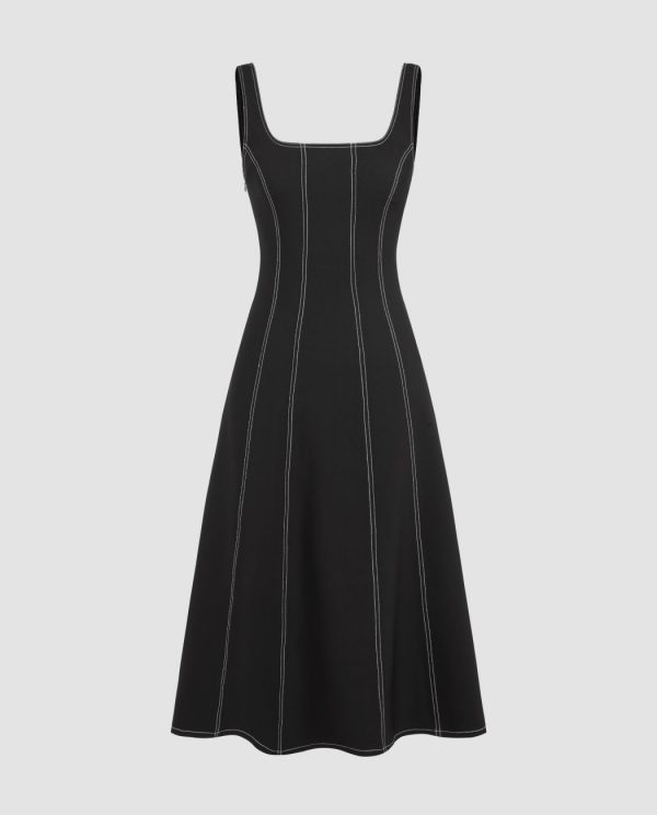 Square Neck Midi Dress with Contrast Stitching