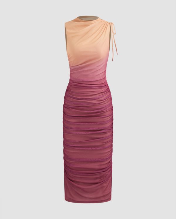 Ombre Mesh Ruched Drawstring Maxi Dress