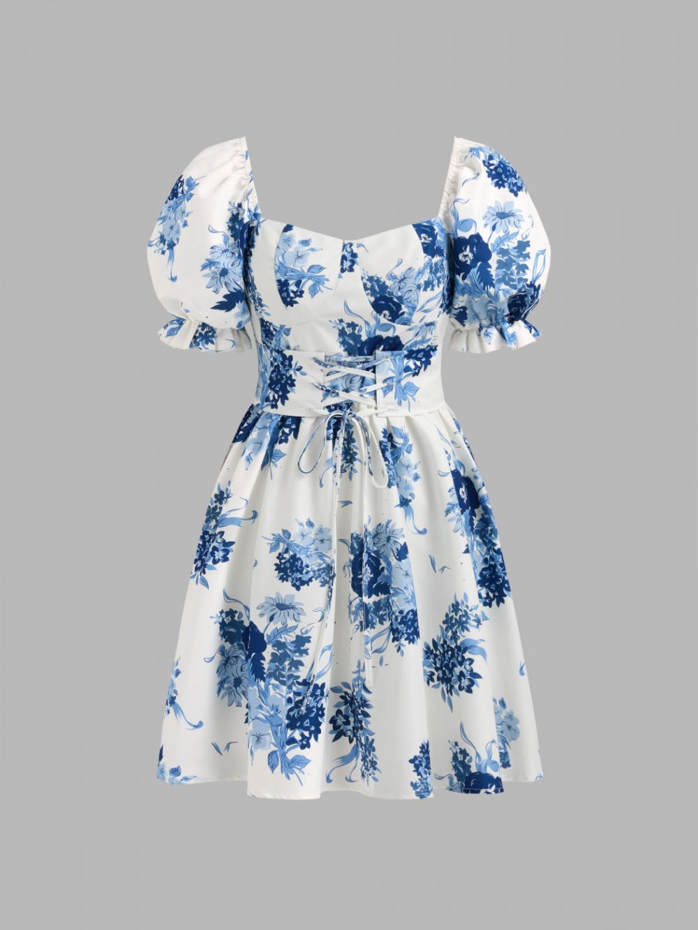 Floral Lace-Up Puff Sleeve Mini Dress