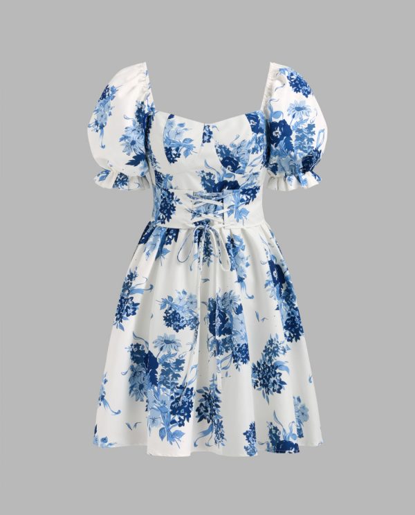Floral Lace-Up Puff Sleeve Mini Dress