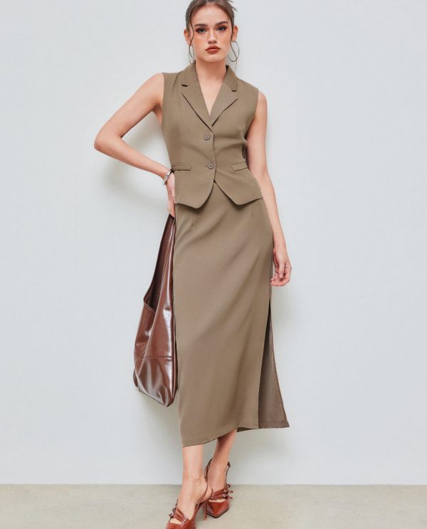 Chic Solid V-Neck Vest & Split Hem Maxi Skirt Co-ord Set