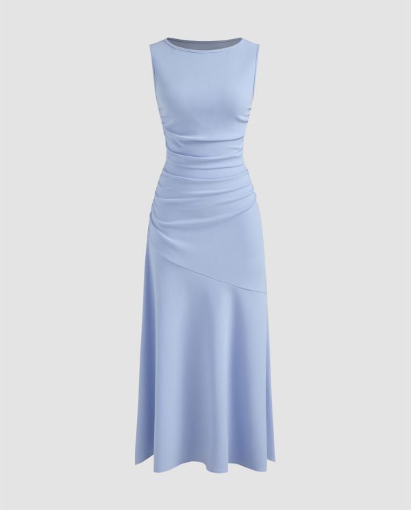 Elegant Ruffle Ruched Boat Neck Maxi Dress