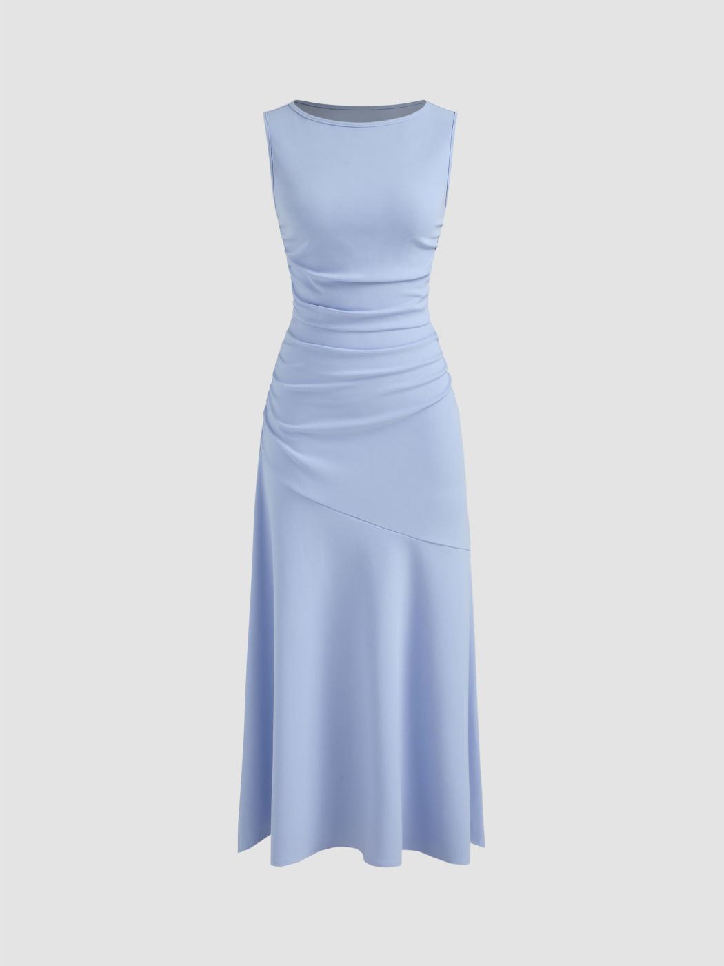 Elegant Ruffle Ruched Boat Neck Maxi Dress