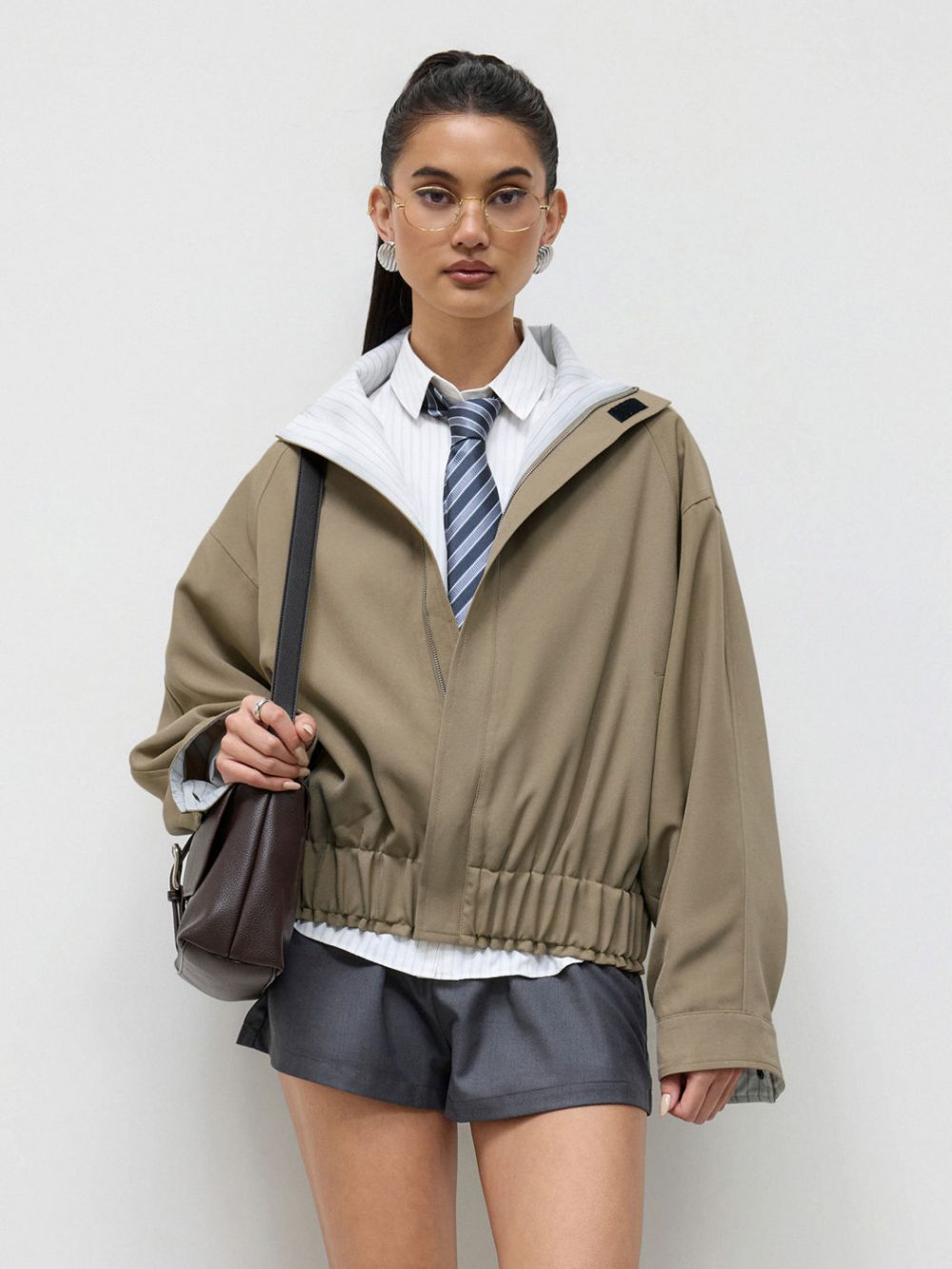 Relaxed Fit Zip-Up Jacket with Striped Inner Lining