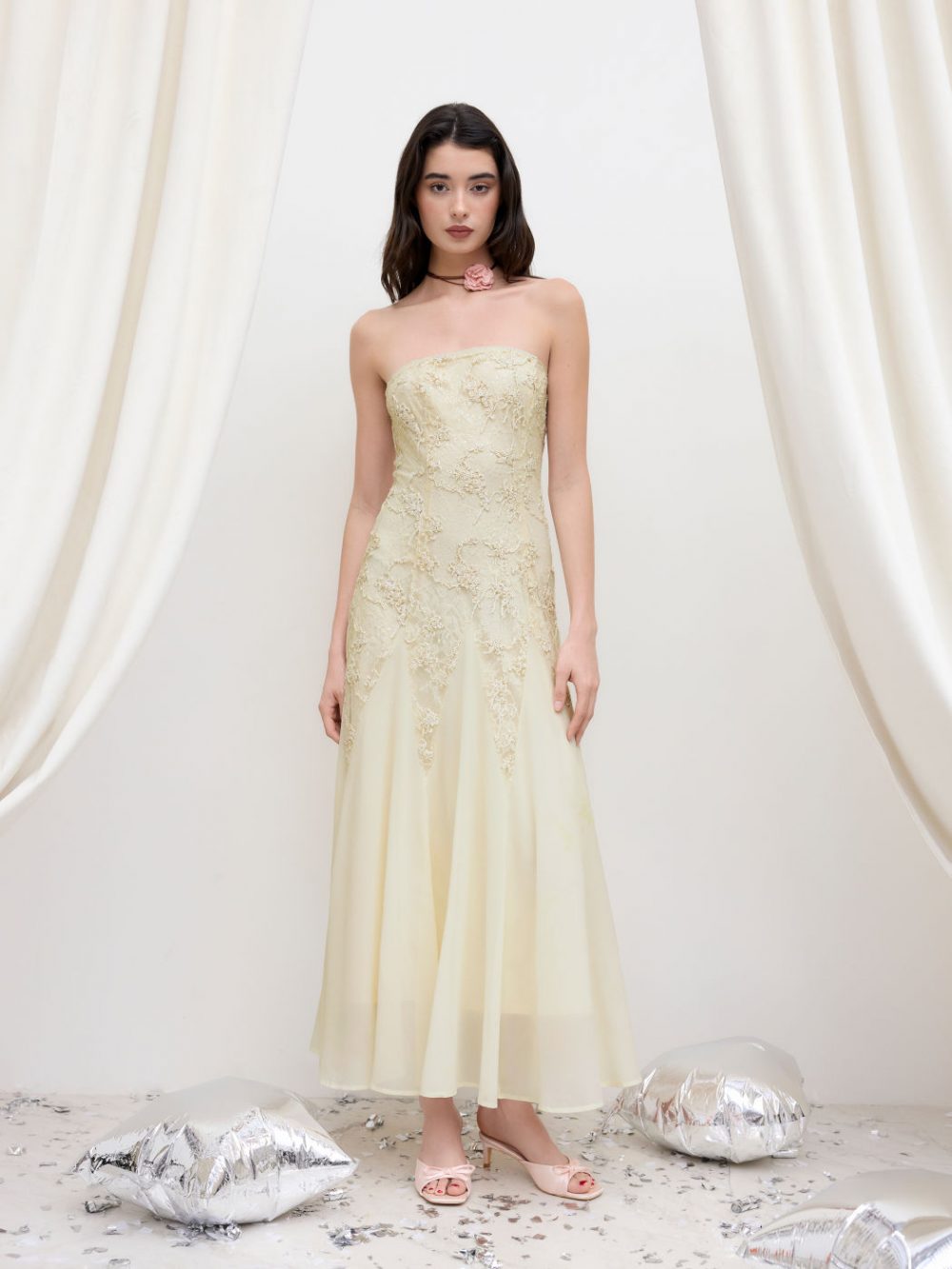 Romantic Lace Floral Ruffle Bandeau Maxi Dress