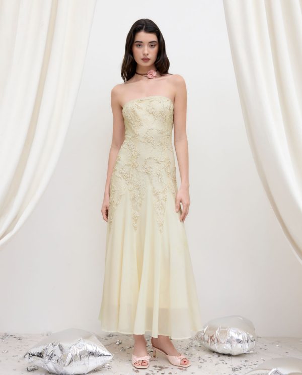 Romantic Lace Floral Ruffle Bandeau Maxi Dress