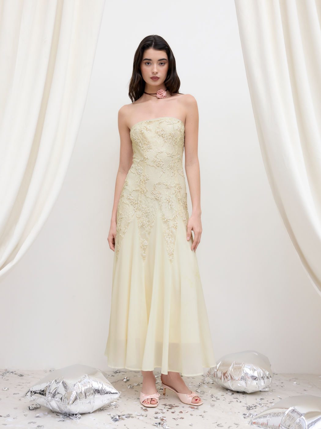 Romantic Lace Floral Ruffle Bandeau Maxi Dress