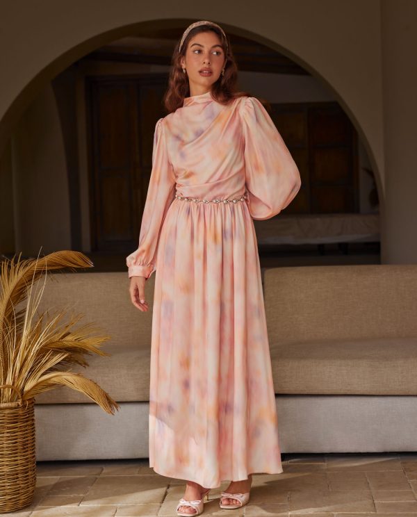 Ombre Satin High-Neck Ruched Ruffle Sleeve Maxi Dress
