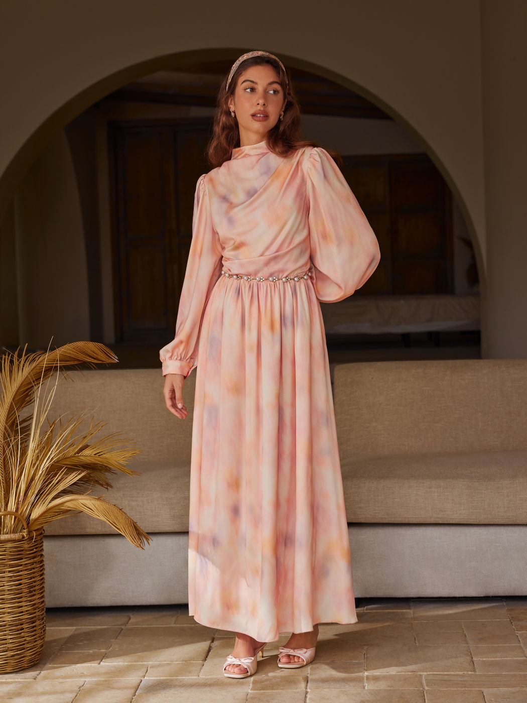 Ombre Satin High-Neck Ruched Ruffle Sleeve Maxi Dress