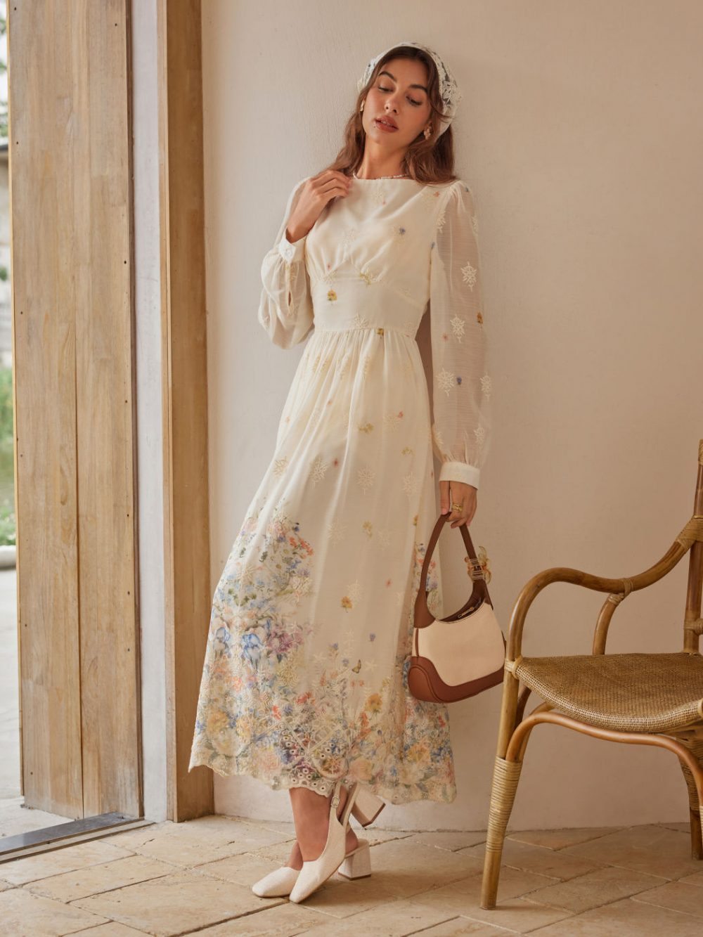Elegant Chiffon Floral Embroidered Ruffle Maxi Dress
