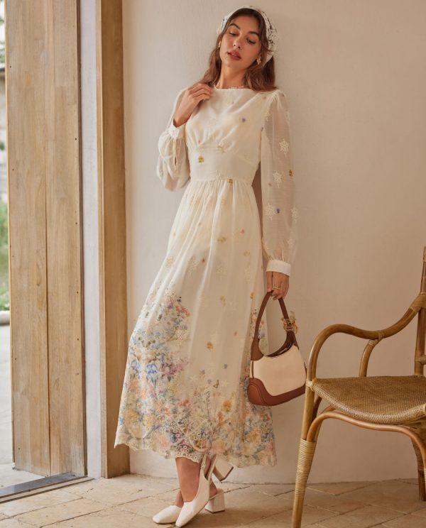 Elegant Chiffon Floral Embroidered Ruffle Maxi Dress