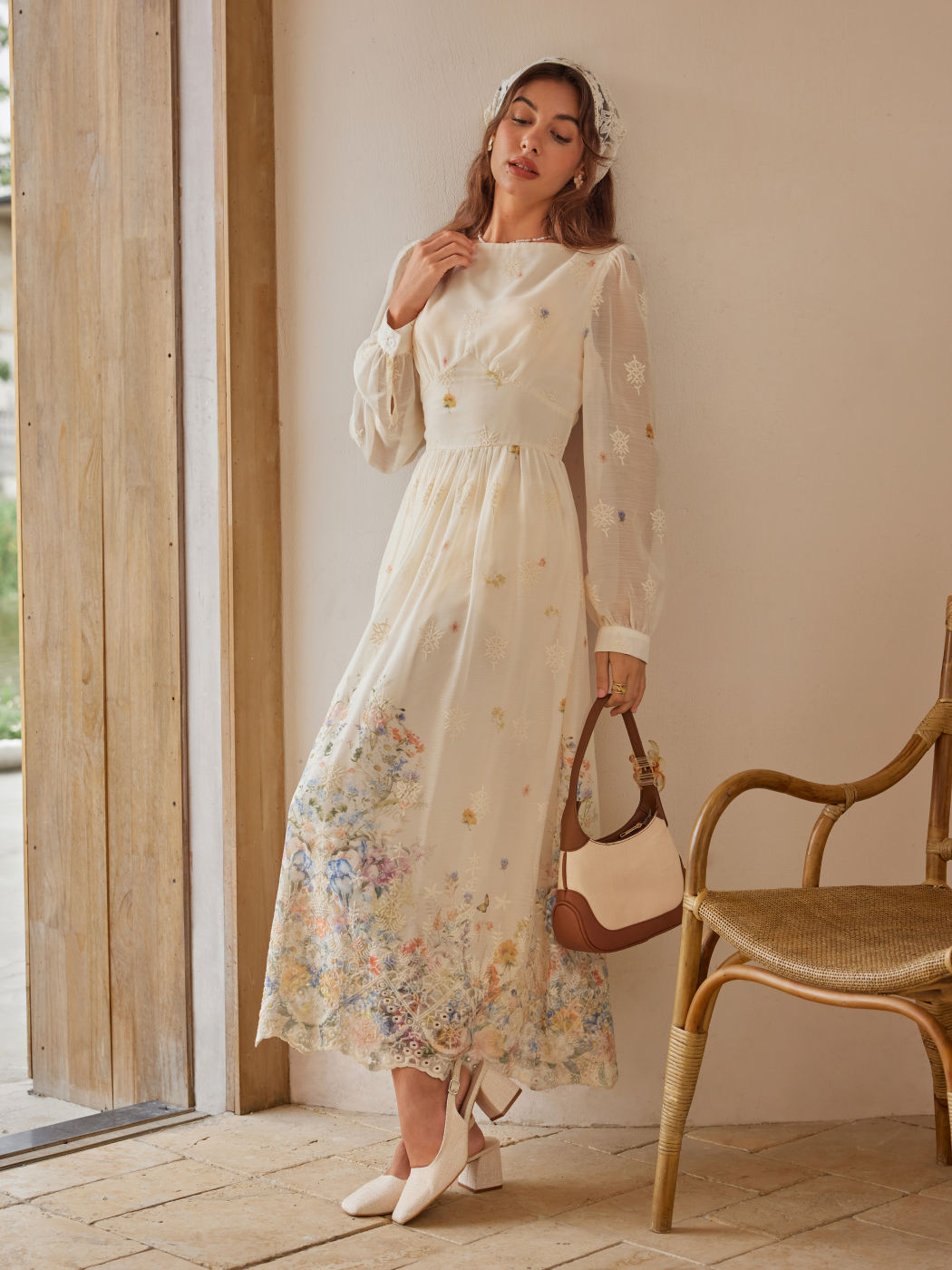 Elegant Chiffon Floral Embroidered Ruffle Maxi Dress