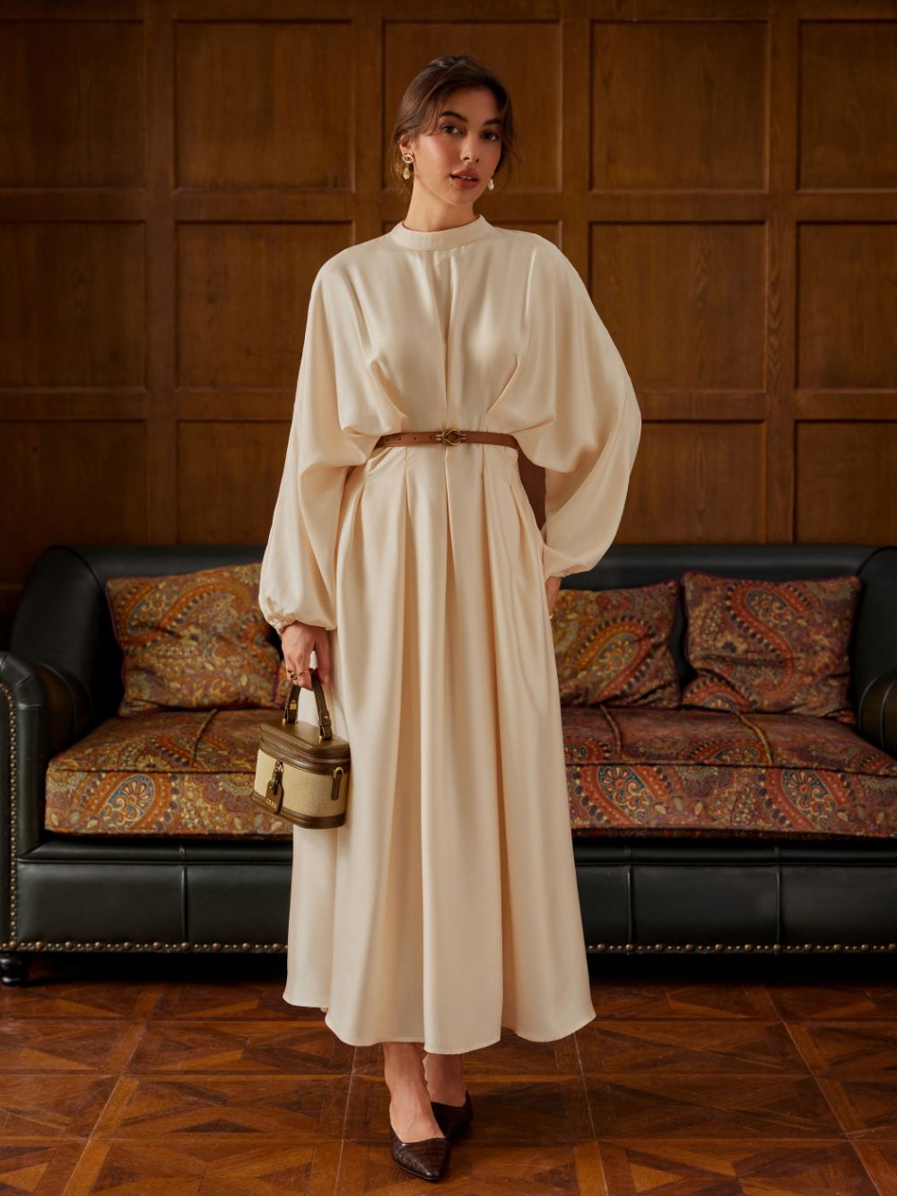 Elegant Pleated High-Neck Cinched Waist Maxi Dress