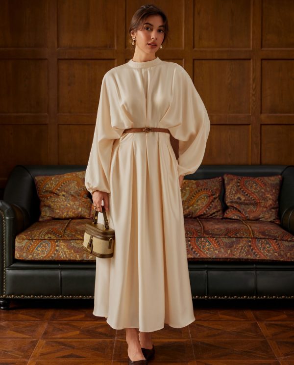 Elegant Pleated High-Neck Cinched Waist Maxi Dress