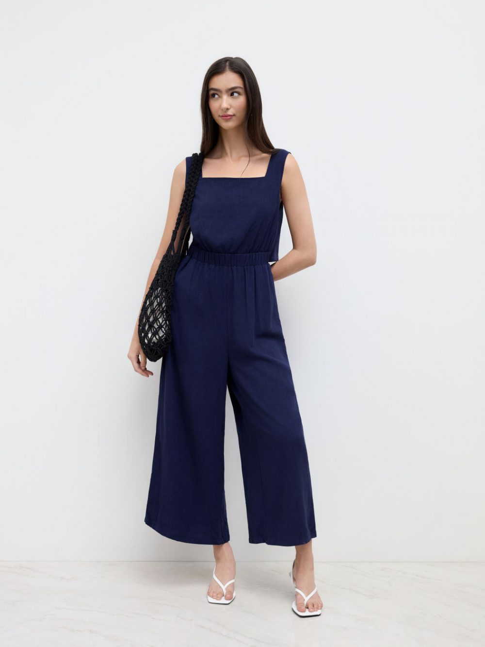 Breezy Linen-Blend Cutout Wide-Leg Cropped Jumpsuit