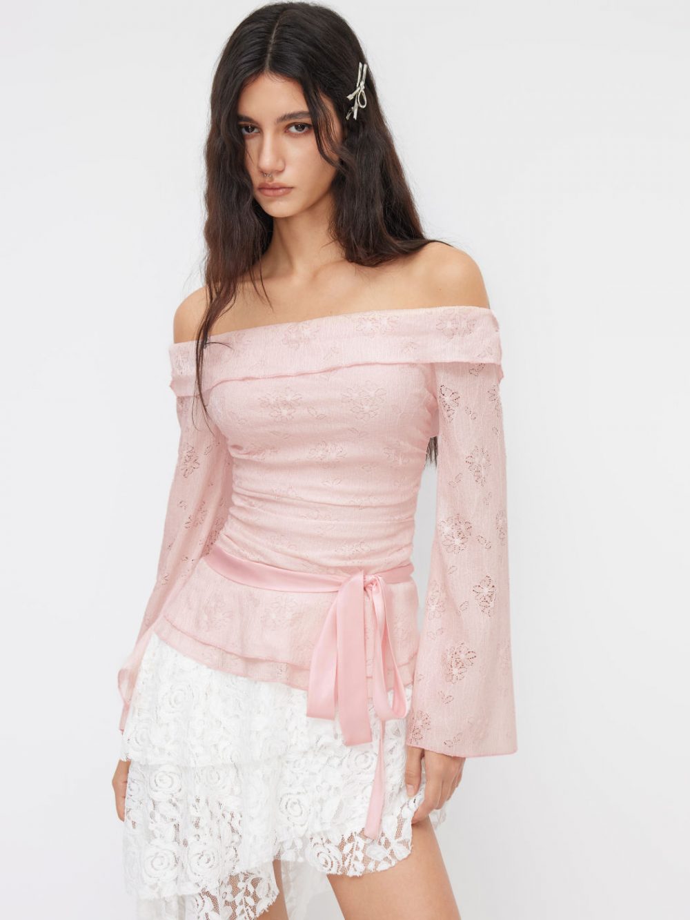 Romantic Lace Floral Ruched Off-Shoulder Top