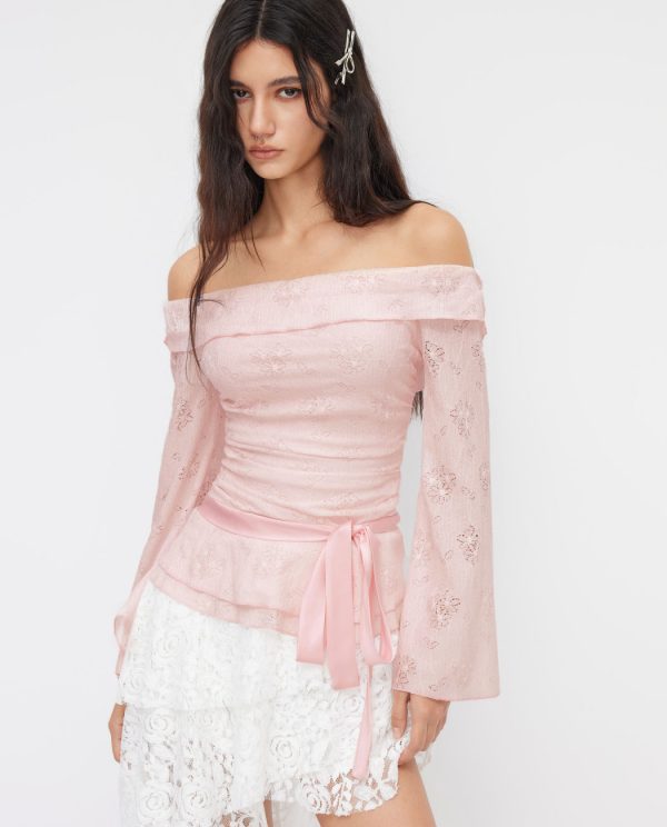 Romantic Lace Floral Ruched Off-Shoulder Top