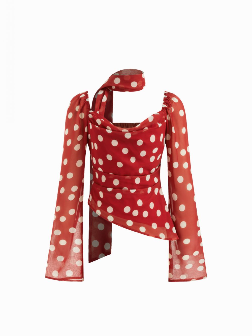 Polka Dot Chiffon Cowl Neck Pleated Blouse with Scarf Detail