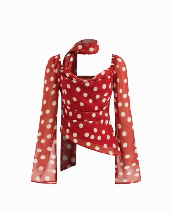 Polka Dot Chiffon Cowl Neck Pleated Blouse with Scarf Detail