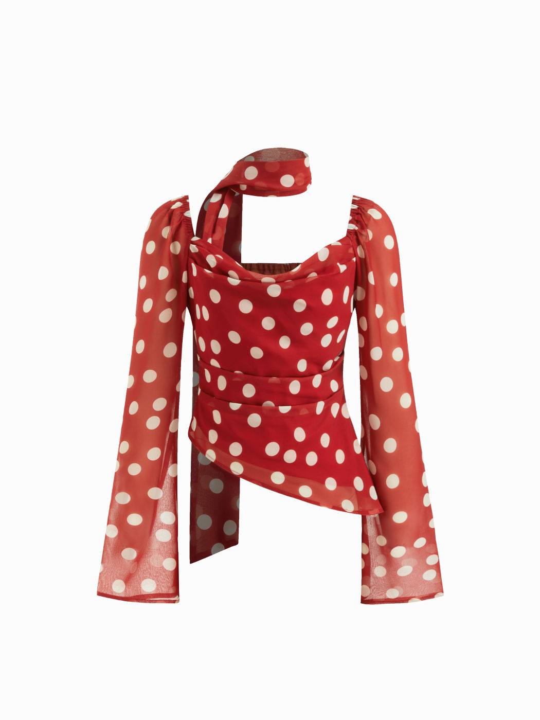 Polka Dot Chiffon Cowl Neck Pleated Blouse with Scarf Detail