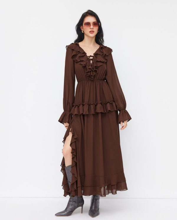 Elegant Chiffon Ruffle Sleeve Knotted Maxi Dress