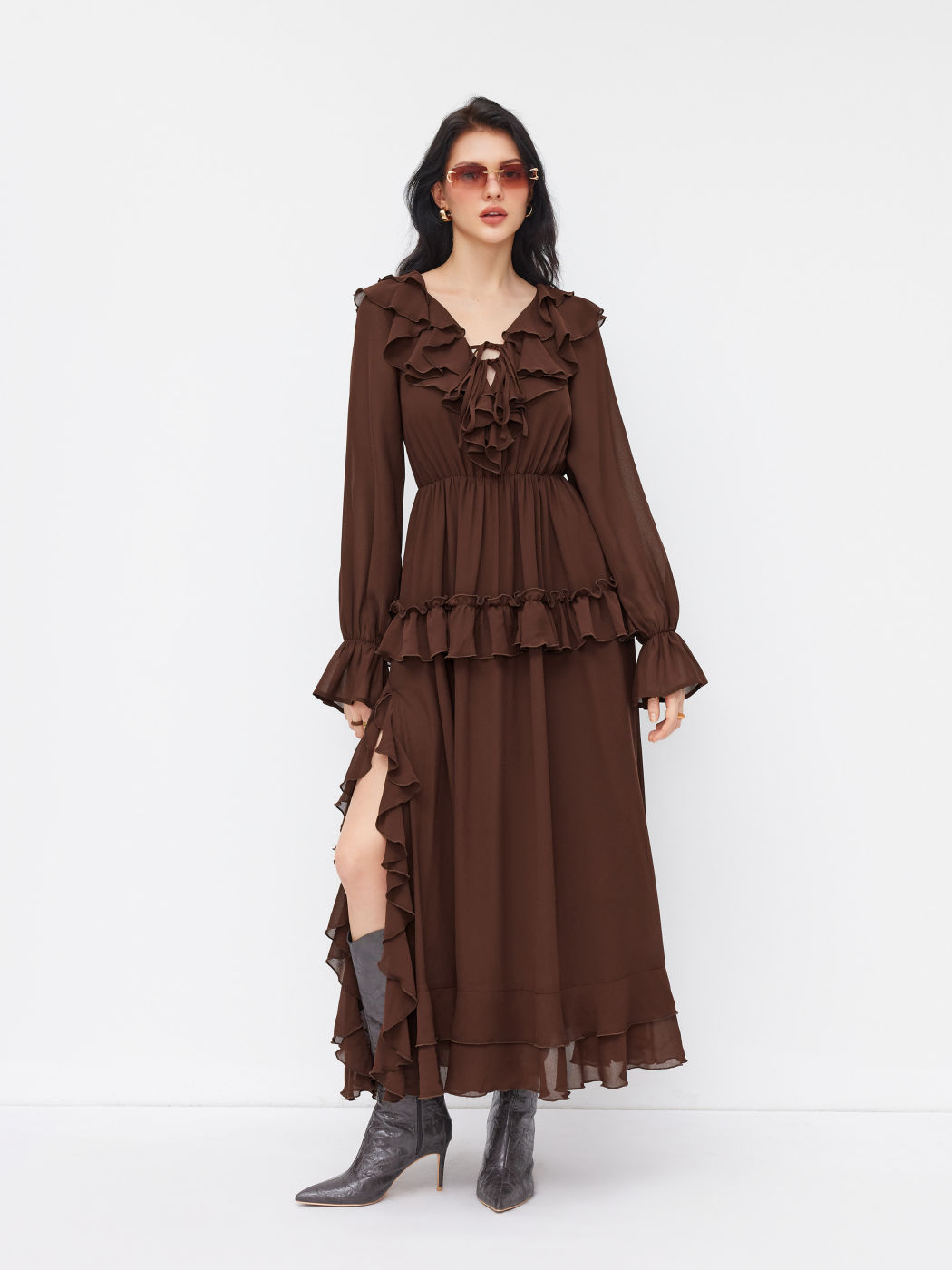 Elegant Chiffon Ruffle Sleeve Knotted Maxi Dress