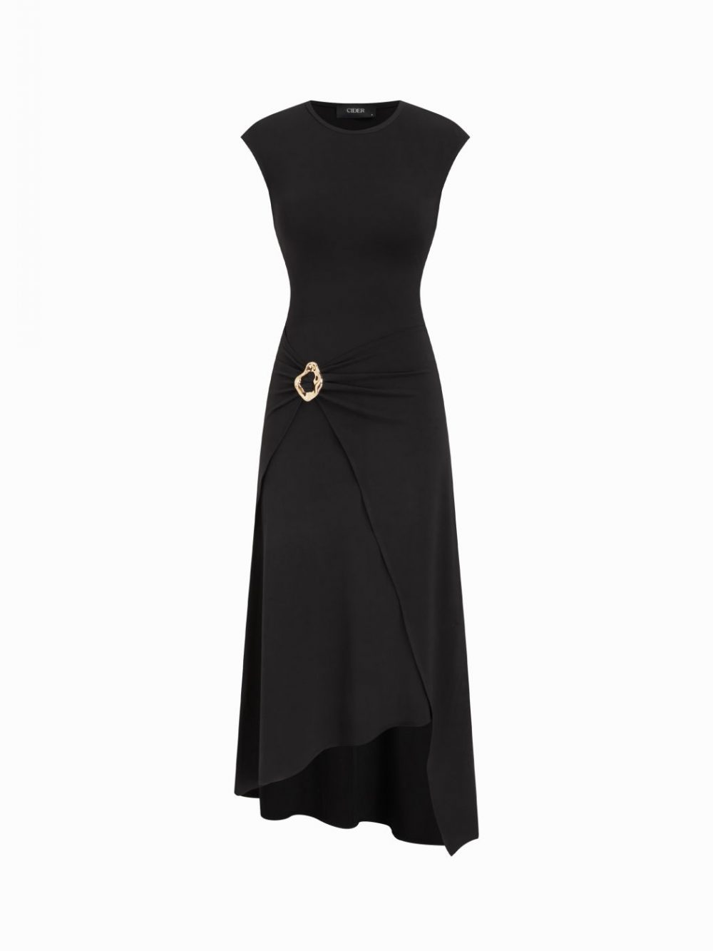 Elegant Ruched Maxi Dress with Metal Accent & Asymmetrical Hem