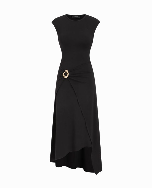 Elegant Ruched Maxi Dress with Metal Accent & Asymmetrical Hem