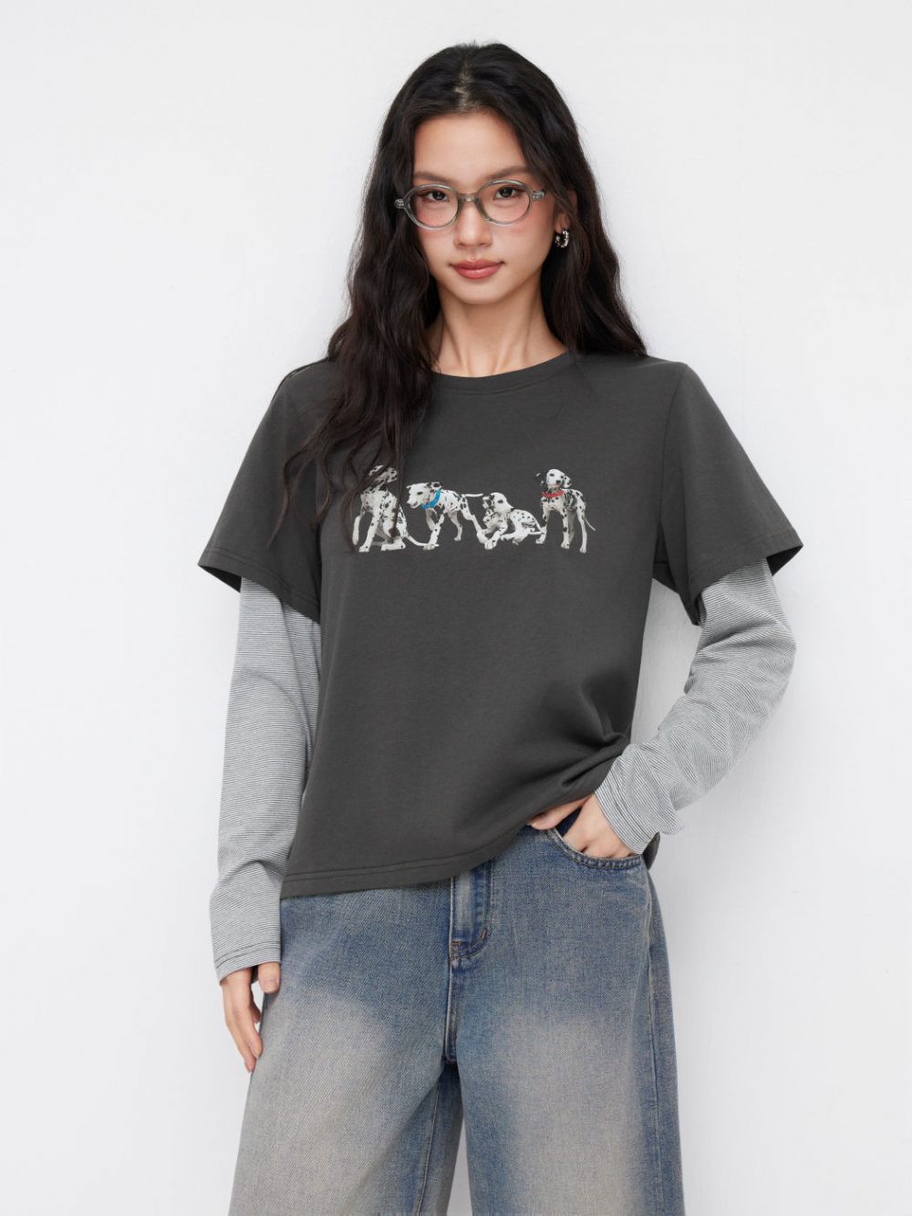 Two-Tone Striped Oversized Long Sleeve Tee with Dog Graphic