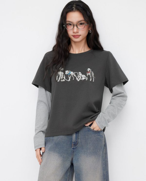 Two-Tone Striped Oversized Long Sleeve Tee with Dog Graphic