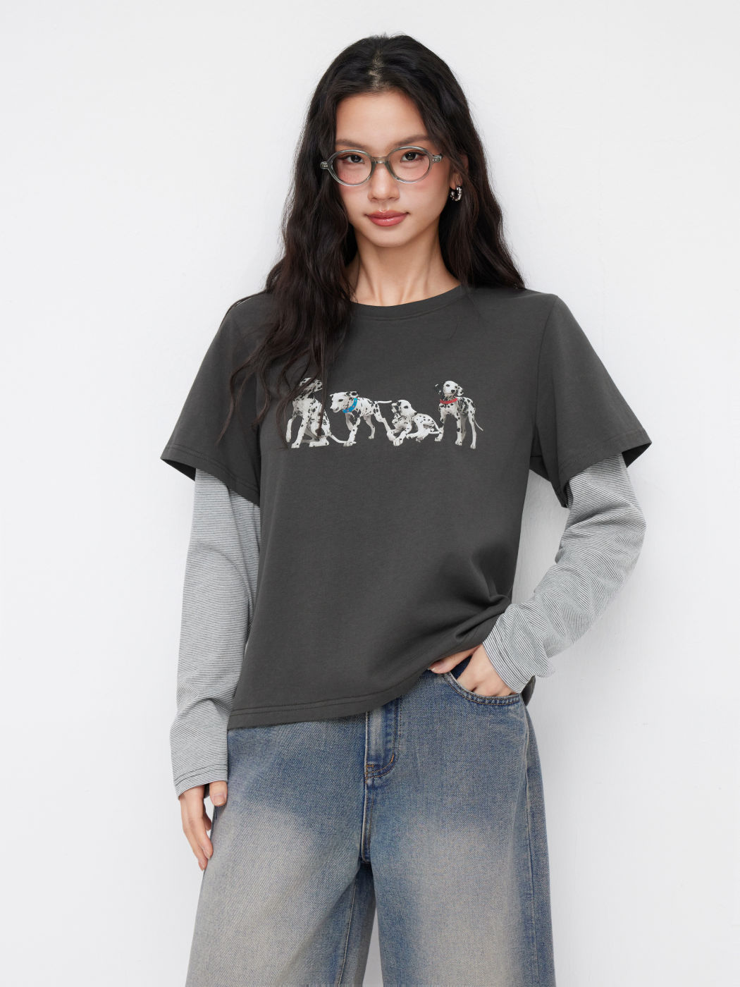 Two-Tone Striped Oversized Long Sleeve Tee with Dog Graphic