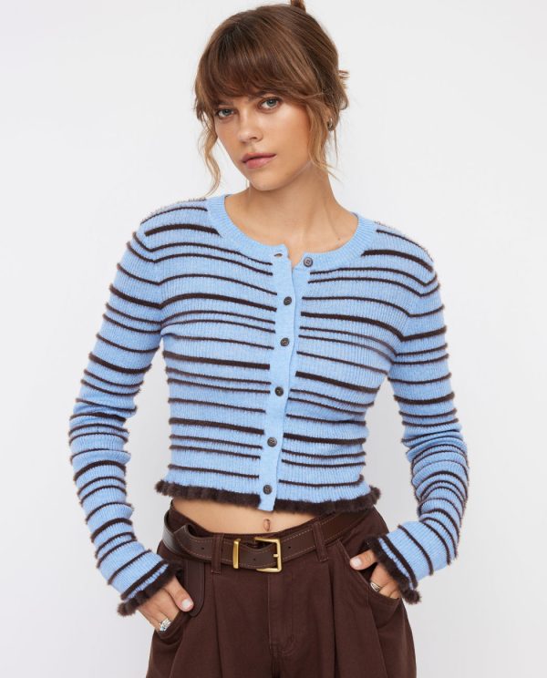 Striped Wool-Blend Lettuce Hem Knit Cardigan