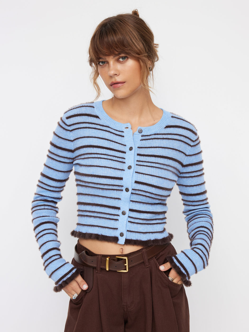 Striped Wool-Blend Lettuce Hem Knit Cardigan