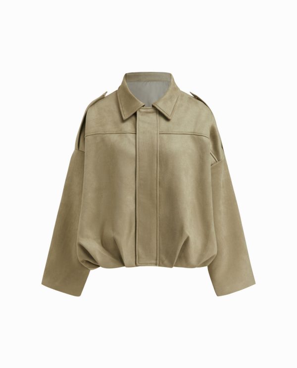 Oversized Zip-Up Jacket with Suede Collar