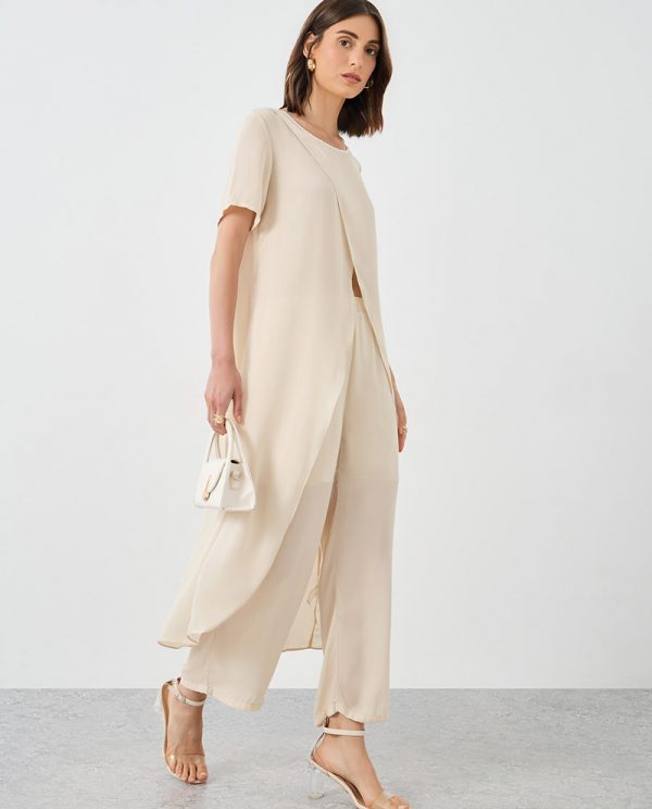 Beige Asymmetric Hem Tunic & Pant Co-Ord Set