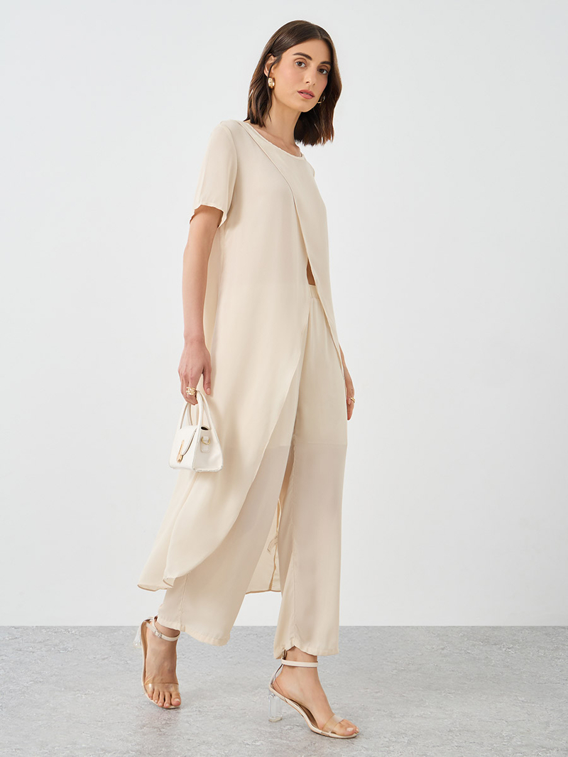 Beige Asymmetric Hem Tunic & Pant Co-Ord Set