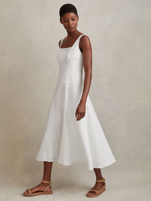Celeste Linen Corset Midi Dress in Ivory