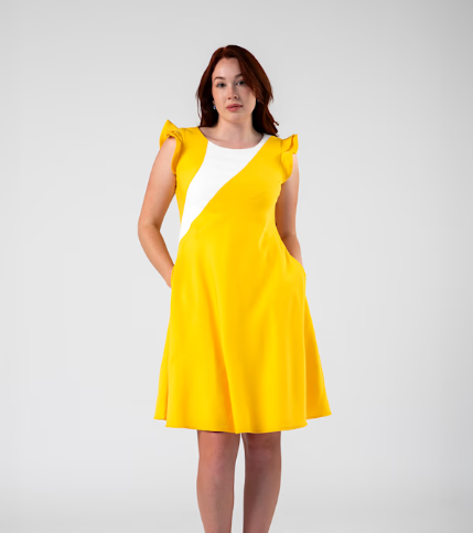 Modern Colorblock Flared Dress – White & Yellow