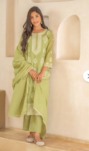 🌸 Elegant Embroidered Cotton Kurta Set with Dupatta
