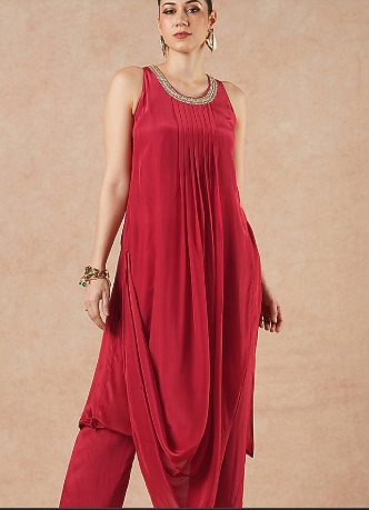 Ruby Red Hand-Embroidered Silk Crepe Draped Kurta Set