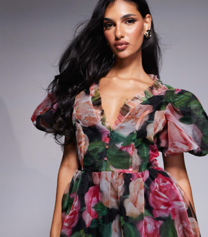 ASOS LUXE Black Floral Organza Puff-Sleeve Mini Dress